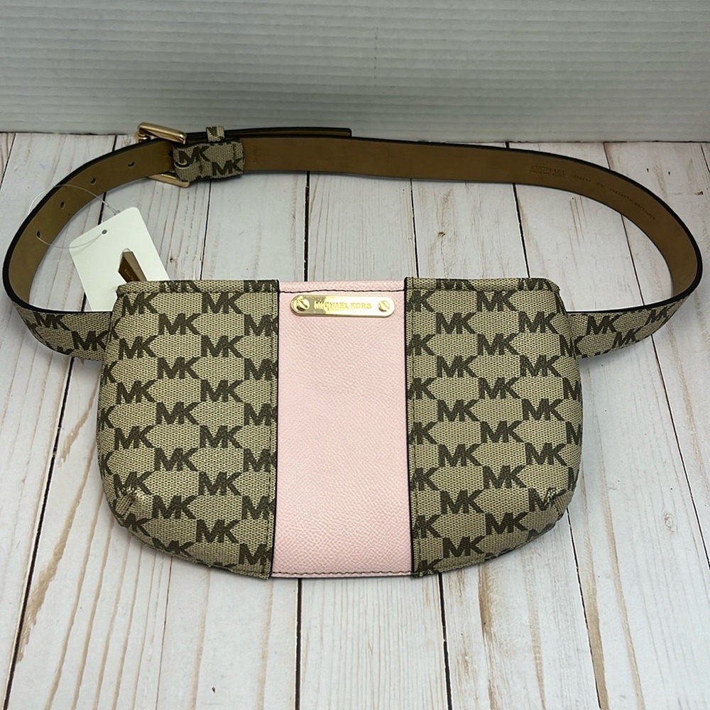 Michael Kors belt bag. tan & brown logo, pink stripe. Gold hardware. NWOT. SM/MD